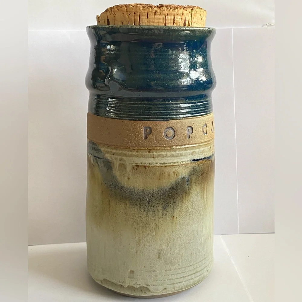Hand Made 1989 Stoneware Pottery Container POPCORN Crock Signed Bob Huskins